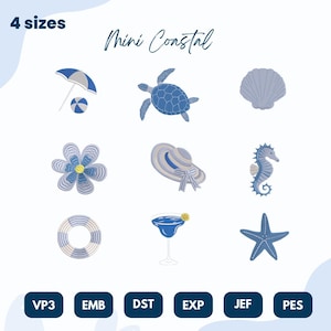 Può includere: Una collezione di nove ricami a tema costiero. Include un ombrellone, una tartaruga, una conchiglia, un fiore, un cappello da sole, un cavalluccio marino, un salvagente, un cocktail e una stella marina. Il testo "Mini Coastal" è in alto.