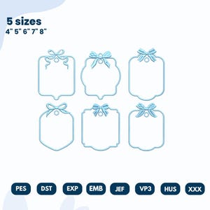 Pode incluir: Seis desenhos de bordado azul claro em várias formas, cada um adornado com um laço no topo. A imagem inclui o texto "5 tamanhos" e medidas de 10,16 cm, 12,7 cm, 15,24 cm, 17,78 cm e 20,32 cm. Formatos de arquivo PES, DST, EXP, EMB, JEF, VP3, HUS e XXX.