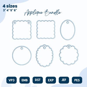 May include: A digital applique bundle with six tag designs in various shapes, including square, oval, and circle. The text "Applique Bundle" is written in cursive. The image also includes text indicating sizes: 3", 4", 5", and 6".