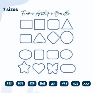 May include: A selection of blue frame applique designs in diverse shapes, such as squares, triangles, and a butterfly. The cursive text reads "Frame Applique Bundle". The image also features the text "7 sizes" and file type abbreviations.