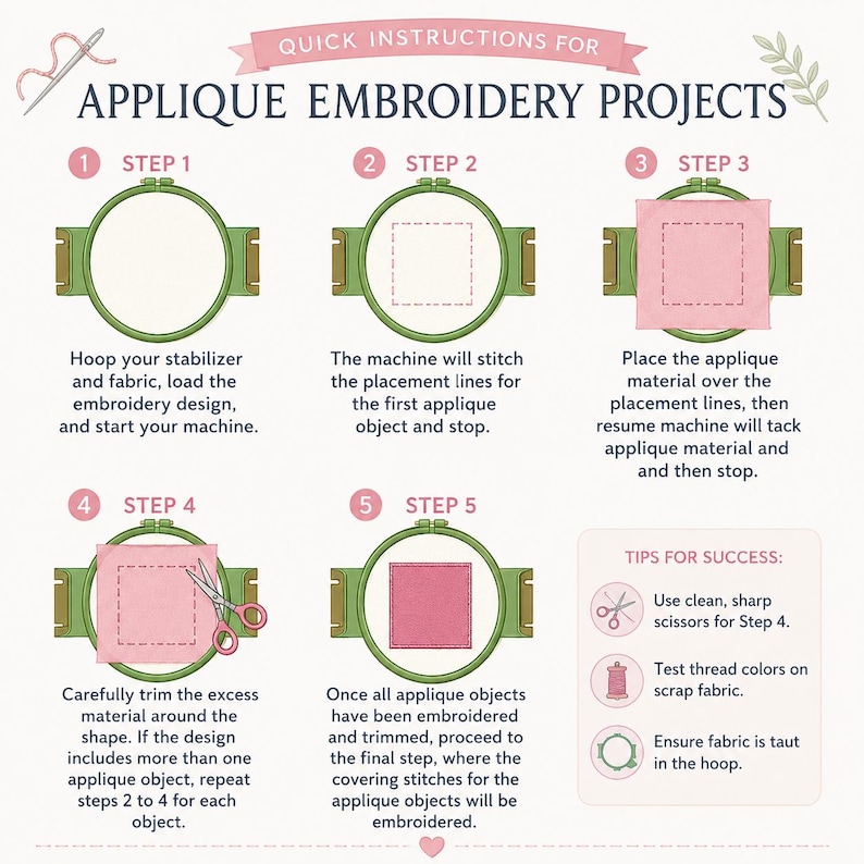 May include: A step-by-step guide for applique embroidery projects. The instructions are numbered and include images of an embroidery hoop, fabric, and scissors. Text includes tips for success, such as using sharp scissors and testing thread colors.