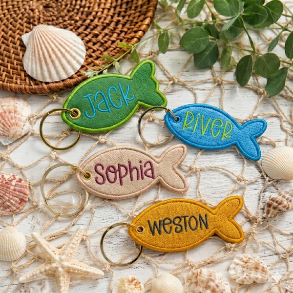 ITH Fish Applique Keychain Embroidery Design Bundle, In The Hoop Fish Bag Tag Embroidery File, Pes Dst Exp Jef Vp3 Hus Xxx