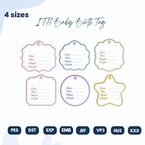 Puede incluir: Seis etiquetas de nacimiento para bebé bordadas en varias formas, incluyendo diseños festoneados, rectangulares, circulares y de estrella. Cada etiqueta tiene un agujero y líneas para Date, Time, Weight, Length. Texto: 4 sizes y formatos.
