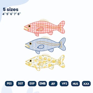 May include: Three embroidered fish designs in red gingham, blue with stripes, and yellow with lemons. The text "5 sizes 4" 5" 6" 7" 8"" is at the top. Below are file type abbreviations: PES, DST, EXP, EMB, JEF, VP3, HUS, and XXX.