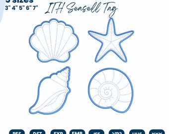 ITH Seashell Tag Embroidery Design Bundle, Coastal Applique Keychain File, ITH Gift Tag, 5 Sizes, Instant Download