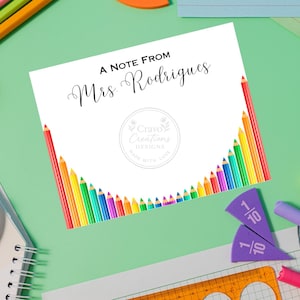 Carte de correspondance personnalisée « Un mot de » pour l'enseignant – Nom modifiable – PDF imprimable – Crayons de couleur