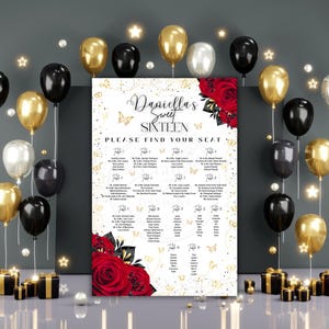 Op de afbeelding: Een Sweet Sixteen-zitplaatsenplan met de naam "Daniella's" in elegant schrift. De kaart is versierd met rode rozen, gouden vlinders en gouden accenten. Zwarte, gouden en zilveren ballonnen omringen de kaart.
