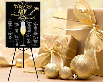 May include: A black and gold sign for a 40th birthday brunch, with a champagne glass and bottle illustration. The sign is on a black easel, with gold gift boxes and ornaments in the background.