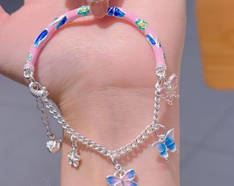 Bracelet Jonc Vintage Années 70 - Émaillé Motifs Floraux Sur Fond Rouge - Diamètre 69mm - Occasion