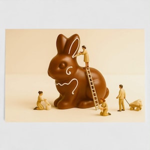 Chocolate Bunny Easter Card | Miniature People Decorating Rabbit | Funny Spring Holiday Card