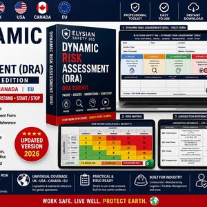 May include: A digital toolkit for Dynamic Risk Assessment (DRA) featuring a 4-step process, risk matrix, and jurisdiction reference. The product includes a field form, Excel download, and safety guidelines for construction, manufacturing, and logistics.