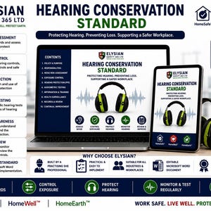 May include: A digital display of a Hearing Conservation Standard document on a laptop and tablet, featuring black and green earmuffs, a yellow caution sign, and text detailing noise risk assessment, exposure control, and hearing protection.
