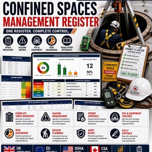 Op de afbeelding: Een digitaal sjabloon voor een register voor het beheer van besloten ruimten met een risicodashboard, gevarenmatrix en formulieren voor toegangsbewijzen. Bevat iconen voor veiligheidsgereedschap, een witte helm en een werknemer met harnas.