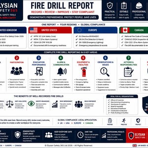 Puede incluir: Un informe detallado de simulacro de incendio con secciones para detalles del simulacro, rendimiento de evacuación y acciones. Incluye información de cumplimiento para Estados Unidos, Reino Unido, Europa y Canadá. Diseñado para demostrar preparación.