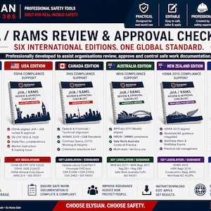 Op de afbeelding: Een digitale infographic getiteld JHA / RAMS REVIEW & APPROVAL CHECKLISTS met zes spiraalgebonden handleidingen voor het VK, de VS, Canada, Australië, Nieuw-Zeeland en de EU, elk met regionale bezienswaardigheden en veiligheidsnormen.