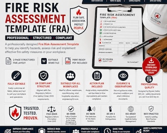 May include: A professional Fire Risk Assessment Template (FRA) with the Elysian Safety 365 logo. The template is designed to help identify hazards and implement fire safety measures. Includes editable word file and print-ready PDF.