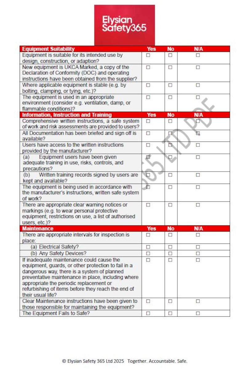 Puwer R. Assessment Example PUWER Risk Assessment & Safety Checklist: Editable Template (HSE ...