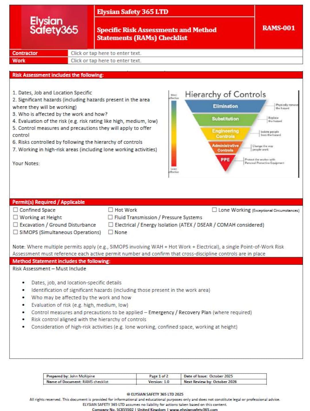 RAMS Review Checklist | Risk Assessment, Method Statement (editable ...