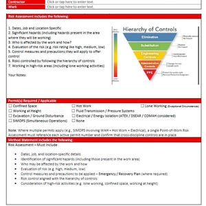 May include: A red and white Elysian Safety 365 LTD RAMS-001 checklist. The document includes sections for risk assessment, permits, and method statements, with a visual hierarchy of controls diagram.
