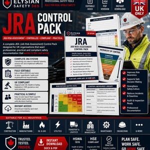 May include: A promotional image for the "JRA Control Pack" by Elysian Safety 365, a safety documentation product. The image features a man in safety gear, documents, and a risk matrix. Text includes "Job Risk Assessment" and "UK Only."