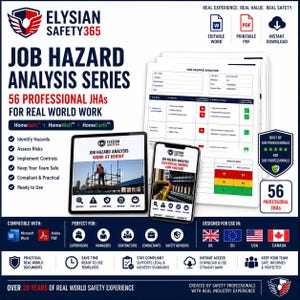 May include: A digital Job Hazard Analysis series document set by Elysian Safety365 featuring 56 professional templates. The display includes a tablet and smartphone showing safety work examples, alongside a printed form with risk rating tables.