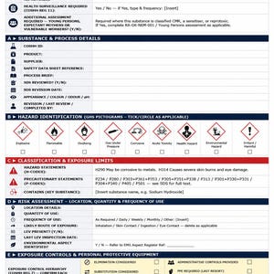 May include: A white COSHH Risk Assessment template document with blue headers and black text. It includes sections for substance details, hazard identification with GHS pictograms, exposure limits, risk assessment, and personal protective equipment.