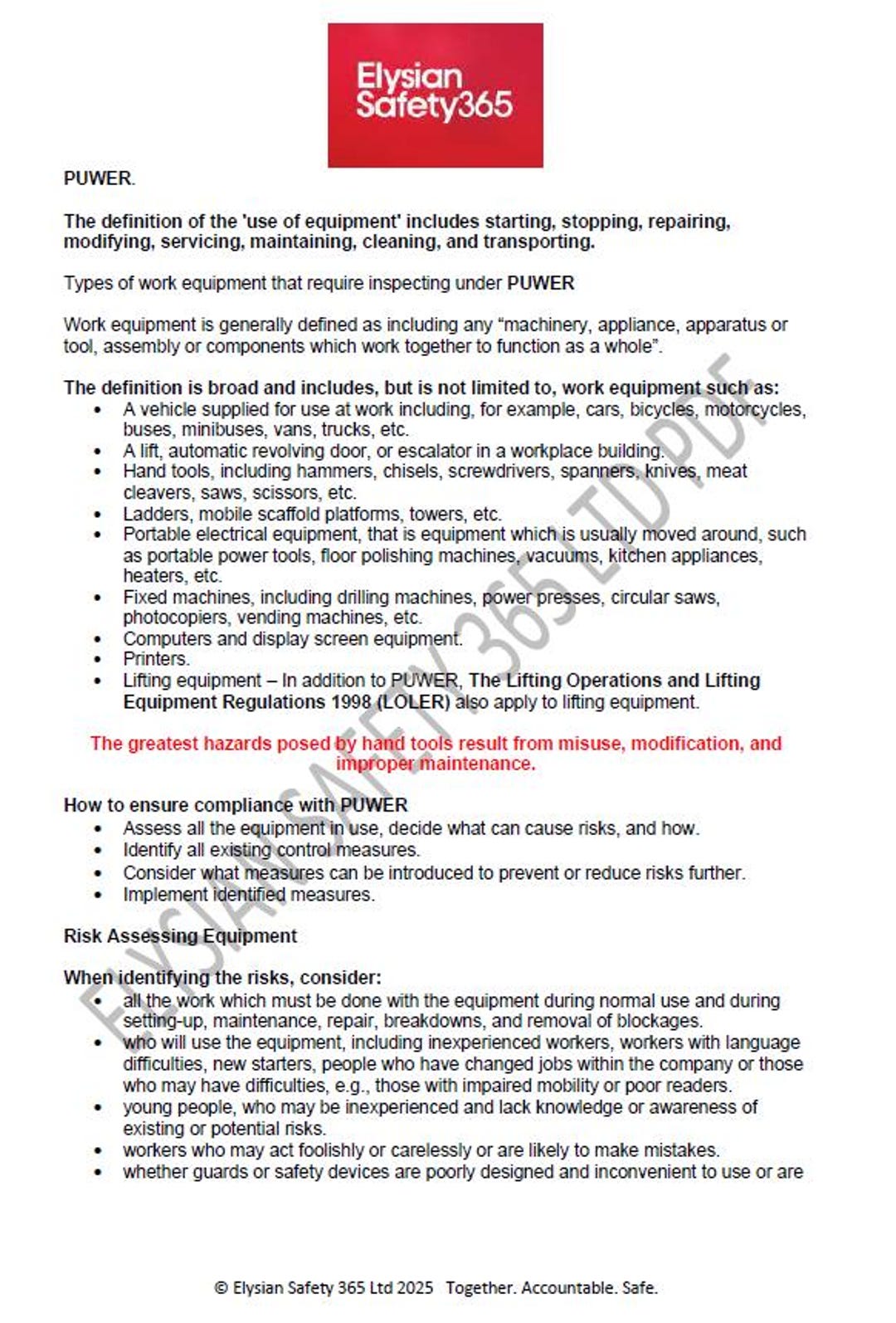 PUWER Risk Assessment & Safety Checklist: Editable Template (HSE ...