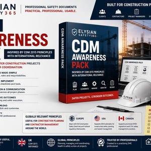May include: A promotional image for the "CDM Awareness Pack" by Elysian Safety 365. The image features a product box, a laptop, a tablet, and a hard hat, all related to construction safety. The text highlights practical tools for safer construction projects.