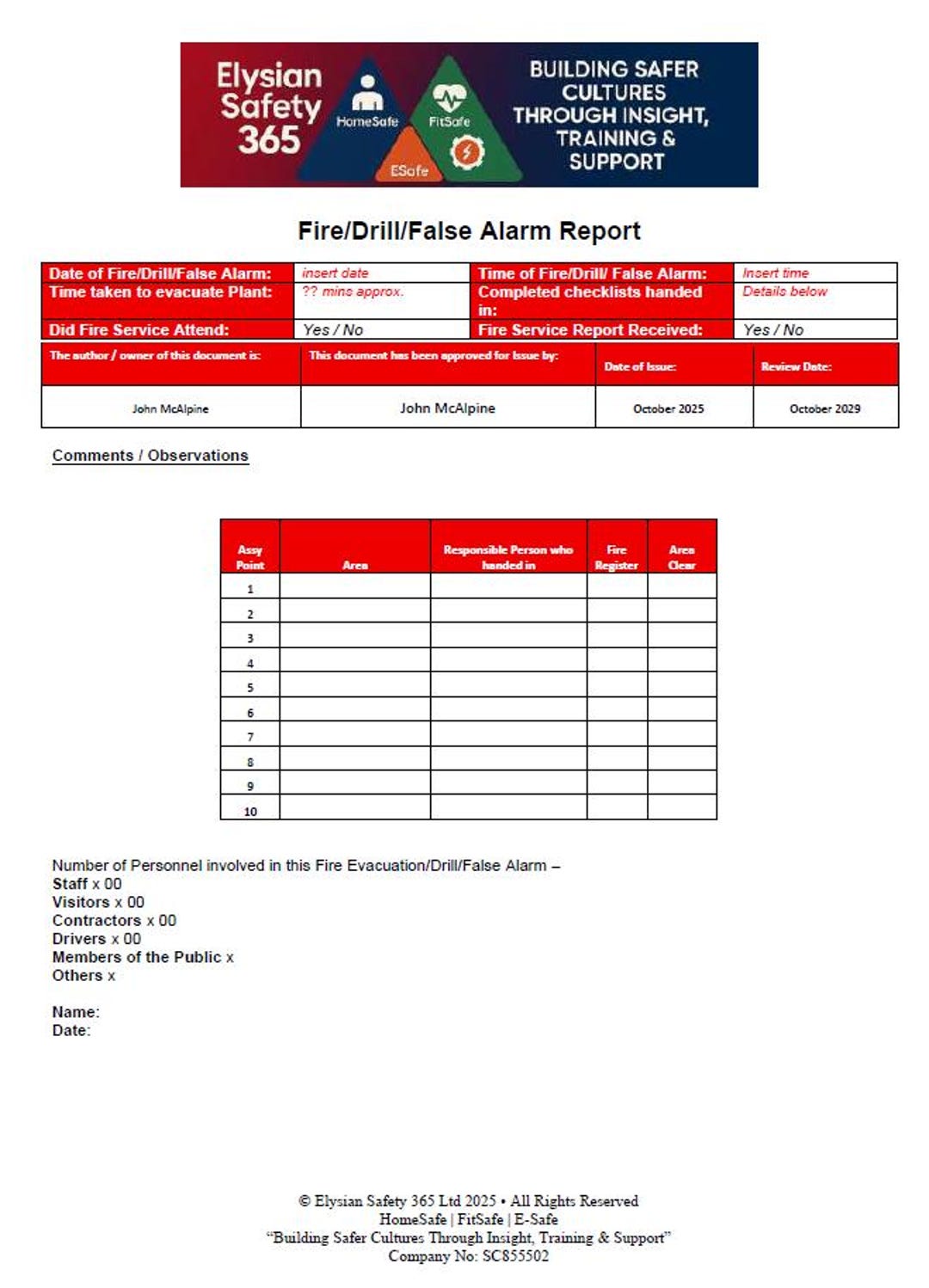 Fire Drill Report Template DOCX + PDF | Elysian Safety 365 - Etsy