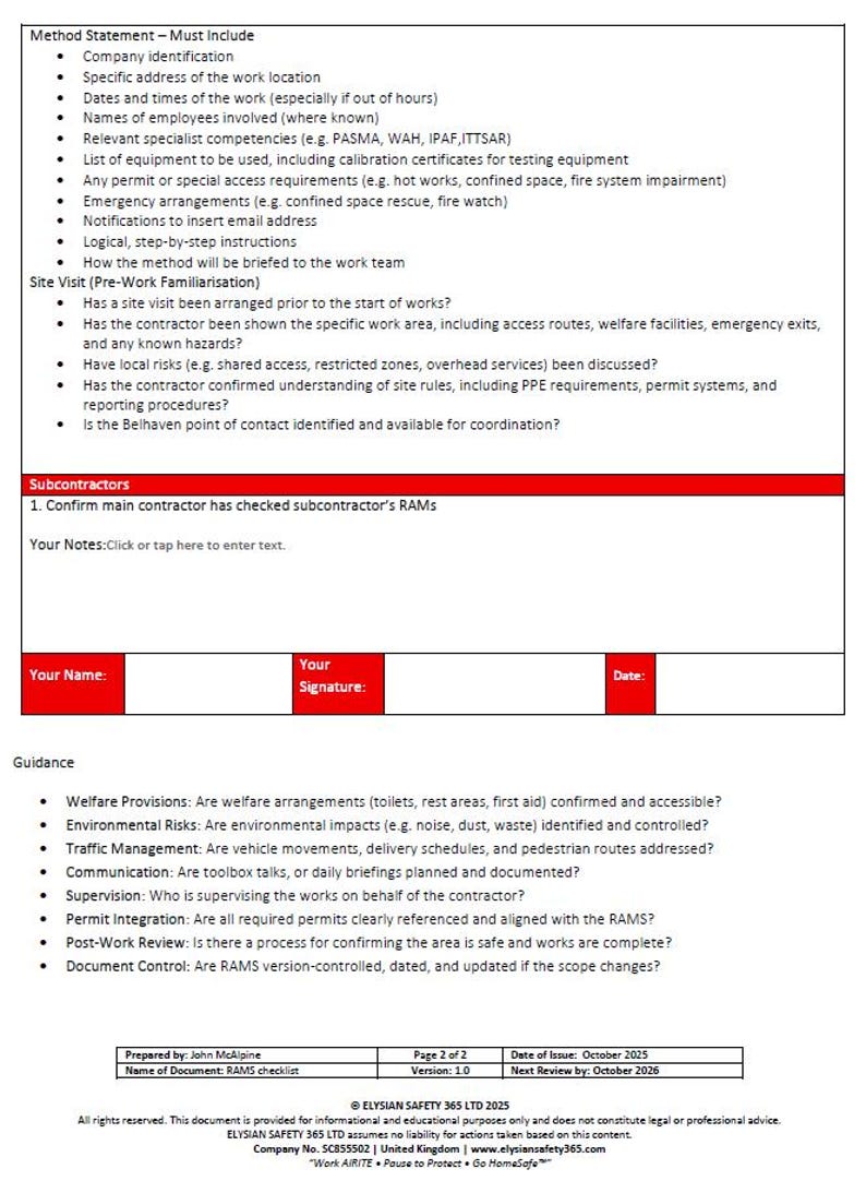RAMS Review Checklist | Risk Assessment, Method Statement (editable ...