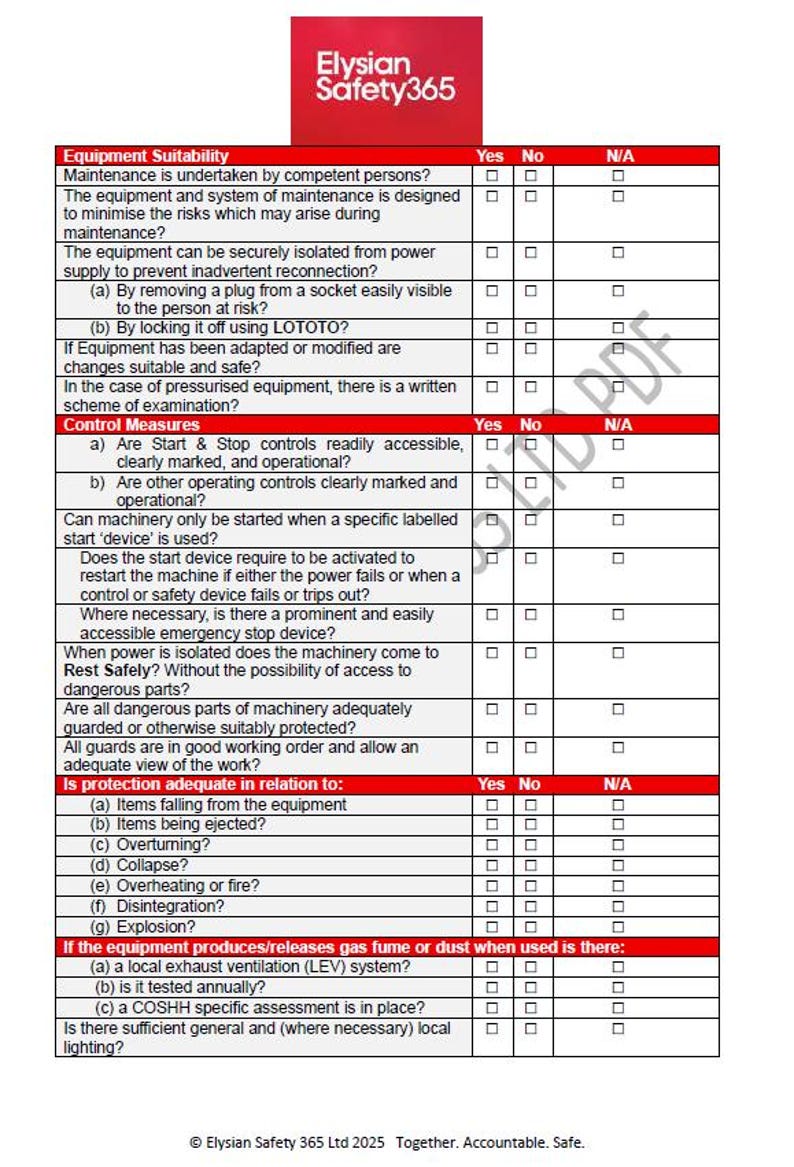 Puwer R. Assessment Example PUWER Risk Assessment & Safety Checklist: Editable Template (HSE ...
