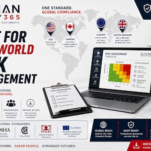 May include: Image promoting Elysian Safety365 professional safety documents. The image includes a laptop displaying a risk assessment template, a clipboard, a hard hat, and a coffee mug. Text includes "Built for Real-World Risk Management" and "Instant Download."