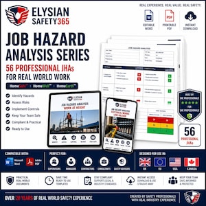 Op de afbeelding: Een digitale set documenten voor taakrisicoanalyse uit de Elysian Safety365-serie met 56 professionele sjablonen. De weergave bevat een tablet en smartphone met voorbeelden van veiligheidswerk, naast een geprint formulier met risicotabellen.