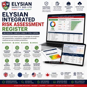 May include: An Elysian Safety 365 Ltd integrated risk assessment register digital system displayed on a laptop and tablet screen, featuring a dashboard, gap analysis tracker, and a black pen with the company logo, all on a white background.
