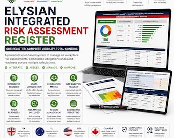 May include: An Elysian Safety 365 Ltd integrated risk assessment register digital system displayed on a laptop and tablet screen, featuring a dashboard, gap analysis tracker, and a black pen with the company logo, all on a white background.