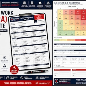 May include: A safety template titled "Point of Work (POWRA)" with the text "Plan Safe. Work Safe. Go Home Safe." The template includes sections for identifying hazards, assessing risks, and implementing controls. A risk matrix and a pen are also visible.