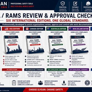 May include: A digital infographic titled JHA / RAMS REVIEW & APPROVAL CHECKLISTS featuring six spiral-bound manuals for the UK, USA, Canada, Australia, New Zealand, and EU. Each manual displays regional landmarks and specific safety compliance standards.