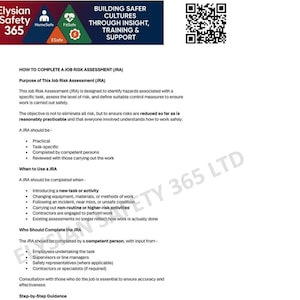 Op de afbeelding: Een document getiteld "HOE EEN JOBRISICOANALYSE (JRA) TE VOLTOOIEN" met tekst en een QR-code. Het document legt het doel uit, wanneer het te gebruiken en wie een JRA moet invullen. Het document bevat ook het logo Elysian Safety 365.