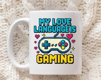Taza de videojuegos con diseño de pixel art / Mi idioma de amor son los videojuegos / Taza de café para videojuegos / Taza pixelada / Regalo de taza para videojuegos / Esposo gamer / Mando de juegos /
