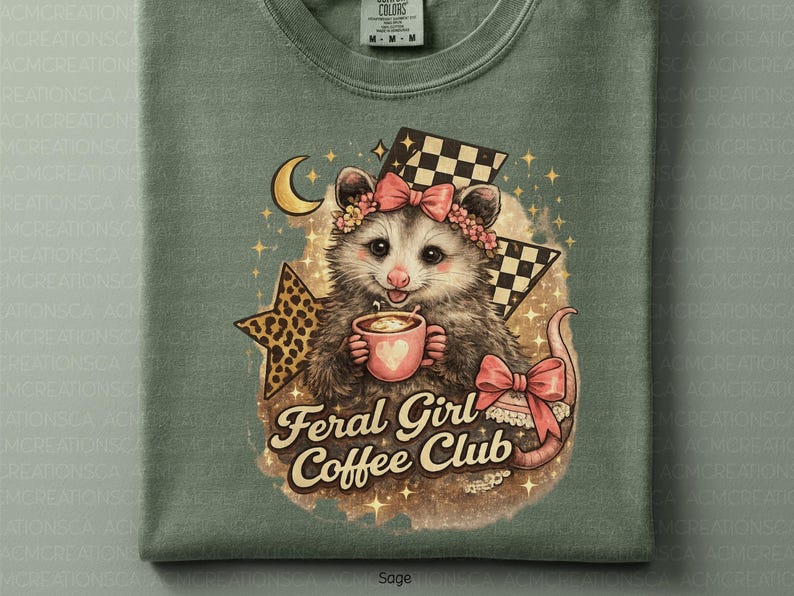 May include: Sage green t-shirt featuring a possum with a floral crown, holding a coffee cup. The design includes a crescent moon, stars, and the text "Feral Girl Coffee Club". Checkered flags and a leopard print star are also present.