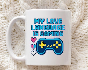 Taza de videojuegos con diseño de pixel art / Mi idioma de amor son los videojuegos / Taza de café para videojuegos / Taza pixelada / Regalo de taza para videojuegos / Esposo gamer / Mando de juegos /