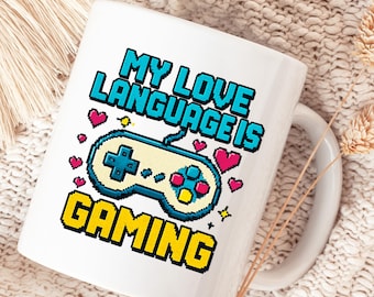 Taza de videojuegos con diseño de pixel art / Mi idioma de amor son los videojuegos / Taza de café para videojuegos / Taza pixelada / Regalo de taza para videojuegos / Esposo gamer / Mando de juegos /