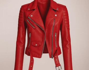 Giacca in pelle da motociclista rossa da donna - Giacca in pelle di pecora artigianale - Motocicletta Café Racer - Vestibilità slim - Regalo per lei