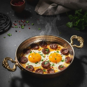 May include: A copper-colored pan filled with two fried eggs, surrounded by sliced sausage. Garnished with fresh herbs and spices, the dish is steaming, suggesting it's freshly cooked. The pan has ornate handles.