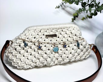 Handmade Macrame Crochet Bag with seashell charm - Boho Cotton Woven Purse