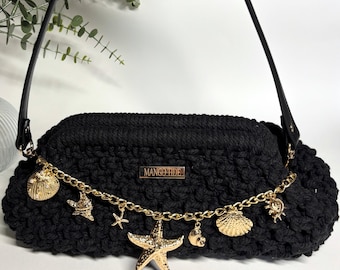 Handmade Macrame Crochet Bag with gold costal charm- Boho Cotton Woven Purse