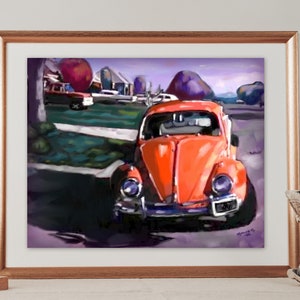 Orange Volkswagen In Neighborhood Art Print Instant Download Printable Wall Decor Printables VW Bug Beetle Volkswagen Car Auto Vehicle
