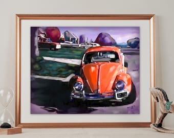 May include: A vintage orange Volkswagen Beetle parked on a street in a suburban neighborhood. The car is in focus, while the background is blurred. The car has a purple windshield and headlights.