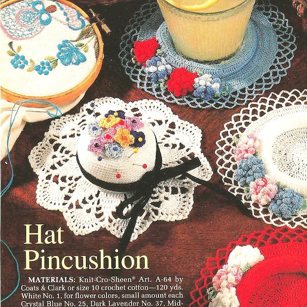 Hat Pincushion and Flower Coasters Vintage 1990 Crochet Patterns PDF INSTANT DOWNLOAD