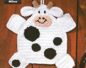 Patrón de ganchillo vintage de los 90 para agarradera de ollas con diseño de vaca blanca y negra (PDF, descarga instantánea)